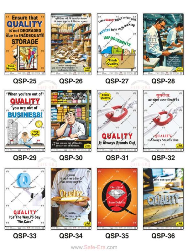Safe-Era Quality Safety poster collection (QSP-25 to 36) featuring a collage of 12 bilingual (Hindi & English) posters. Topics include: preventing quality degradation through proper storage, welcoming quality audits, the link between quality and business viability, and quality as a demonstration of corporate care and commitment to zero defects.