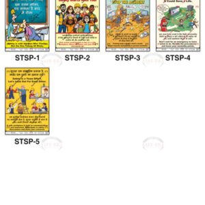 "Safe-Era Safety Training poster collection (STSP-1 to 5) featuring a collage of 5 bilingual (Hindi & English) posters. Topics include: the necessity of mental alertness and active engagement in safety, the principle that safety begins with the individual, hazard identification and accident prevention, the importance of knowing emergency response plans to save lives, and the role of effective communication and teamwork in building a safe workplace.