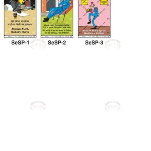 Safe-Era Security Safety poster collection (SeSP-1 to 3) featuring a collage of 3 bilingual (Hindi & English) posters. Topics include: maintaining constant situational awareness to prevent harm, the importance of fulfilling professional duties with responsibility, and vigilance regarding visitor access and monitoring within the workplace.