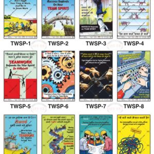 Safe-Era Teamwork Safety poster collection (TWSP-1 to 12) featuring a collage of 12 bilingual (Hindi & English) posters. Topics include: the role of team spirit in achieving success, synchronized efforts for amplified results, mutual support in tight situations, the importance of collective planning, and maintaining clear communication and connectivity to ensure smooth operations.