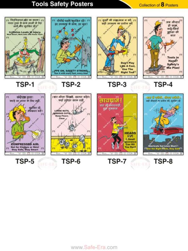 Safe-Era Tools Safety poster collection (TSP-1 to 8) featuring a collage of 8 bilingual (Hindi & English) posters focusing on equipment handling. Topics include: hazards of operating under irritation, mandatory PPE compliance, utilizing the correct tool for every task, warnings against using compressed air on skin or clothing, risks associated with loose parts and debris, awareness of falling objects, and the danger of taking shortcuts that compromise safety.