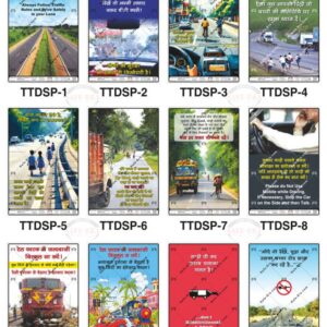 Safe-Era Transport and Truck Driver Safety poster collection (TTDSP-1 to 12) featuring a collage of 12 bilingual (Hindi & English) posters. Topics include: lane discipline, highway safety protocols, increased caution when passing through villages or near schools, awareness that highways are local transit routes for others, mandatory seat belt usage, and caution at railway crossings.