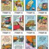 Safe-Era Transport and Truck Driver Safety poster collection (TTDSP-13 to 24) featuring a collage of 12 bilingual (Hindi & English) posters. Topics include: use of wheel stoppers on slopes, overhead line hazard awareness, legal load management, requirement for 8-hour pre-drive rest, safe unloading procedures, speed limit enforcement, fire prevention (no cooking near trucks), driver safety during unloading, and prohibitions against sitting or sleeping under/behind trucks.