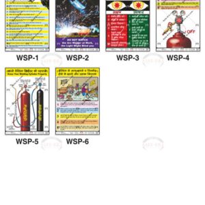 Safe-Era Welding Safety poster collection (WSP-1 to 6) featuring a collage of 6 bilingual (Hindi & English) posters. Topics include: welding safety charts, warnings against direct exposure to arc welding light, remedies for welder's flash (eye burns), correct identification and handling of welding cylinders, and the critical importance of proper ventilation in welding work areas.