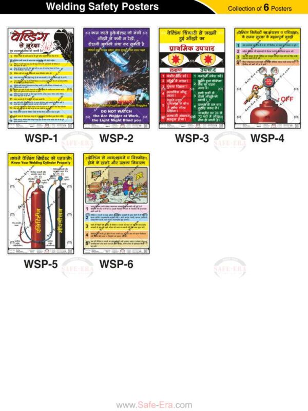 Safe-Era Welding Safety poster collection (WSP-1 to 6) featuring a collage of 6 bilingual (Hindi & English) posters. Topics include: welding safety charts, warnings against direct exposure to arc welding light, remedies for welder's flash (eye burns), correct identification and handling of welding cylinders, and the critical importance of proper ventilation in welding work areas.