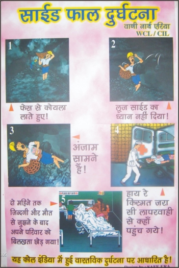5 panel graphic poster showing loose side coal accident and injury awareness