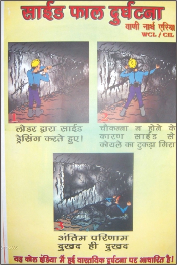 Handcrafted safety poster showing coal side fall accident during loader dressing
