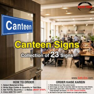 Safe-Era Canteen Safety Signs Collection on Glass Door Mockup with Ordering Guide
