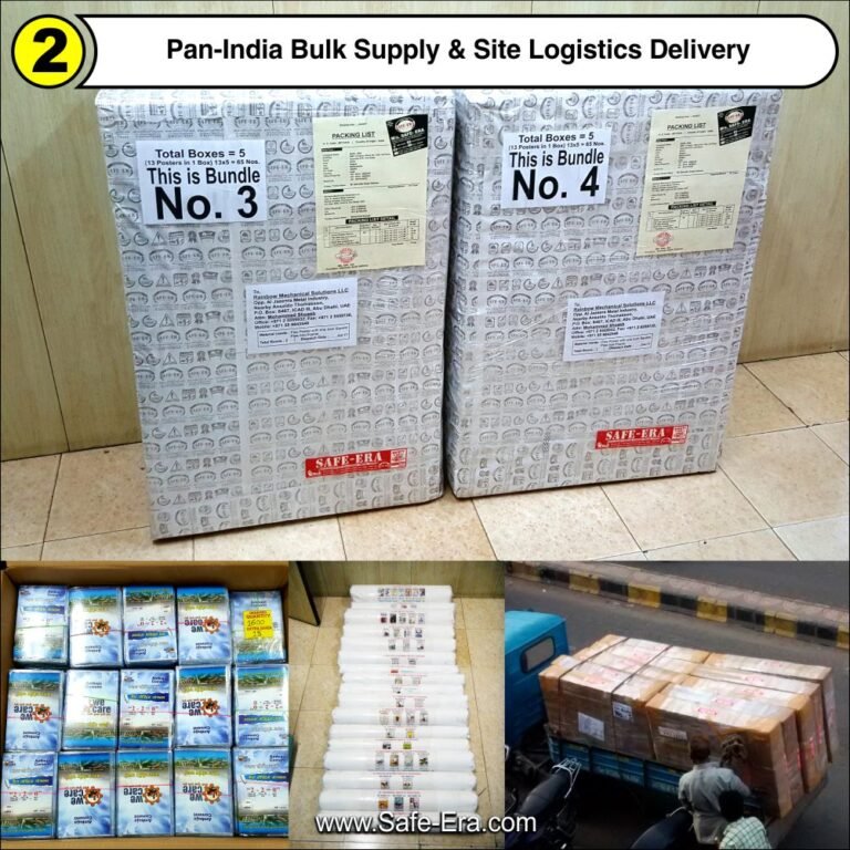Pan-India bulk supply shipment packaging, bundled safety posters, and site logistics transportation handled by Safe-Era.