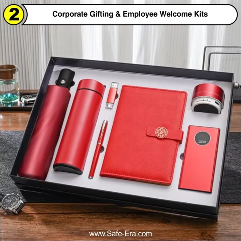 Premium red corporate welcome kit including customized notebook, thermal bottle, umbrella, power bank, and pen by Safe-Era.