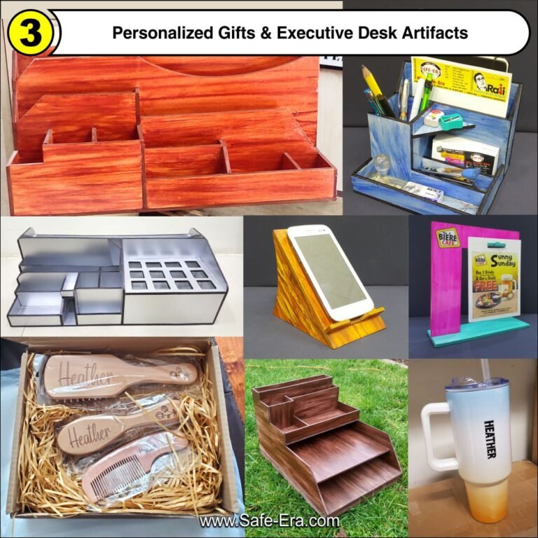 Custom executive desk organizers, personalized wooden combs, acrylic display stands, and printed tumblers by Safe-Era.