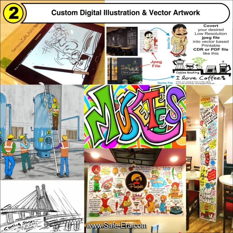 Custom digital vector illustrations, wall murals, industrial safety character designs, and JPEG to vector file conversions created by Safe-Era.