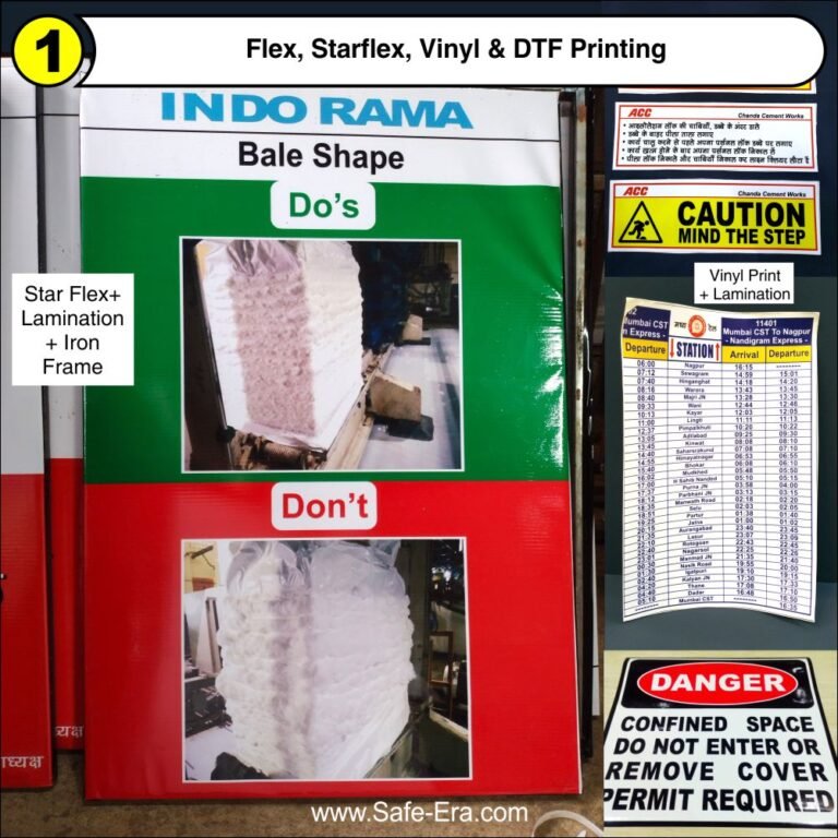 Star Flex laminated poster with iron frame, vinyl printed railway time table, and caution signs manufactured by Safe-Era.