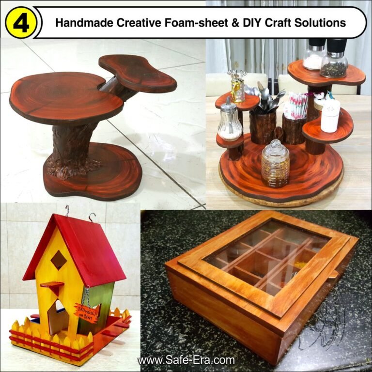 Handcrafted foam-sheet artifacts featuring realistic wood texture finish including multi-tier organizers, decorative birdhouses, and storage boxes by Safe-Era.