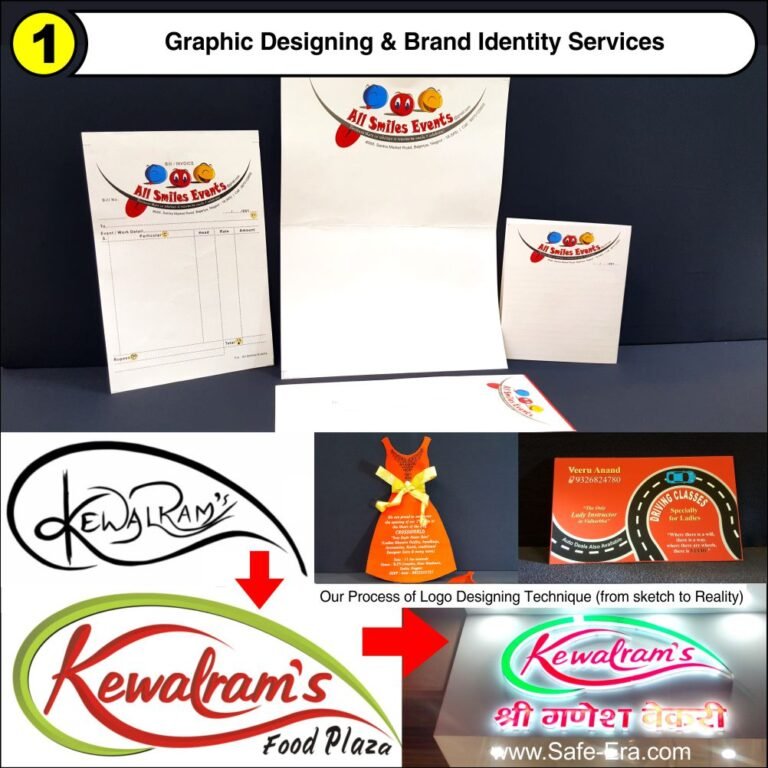 Brand identity design process showcase by Safe-Era including logo design from sketch to final backlit signage, stationery, and business cards.