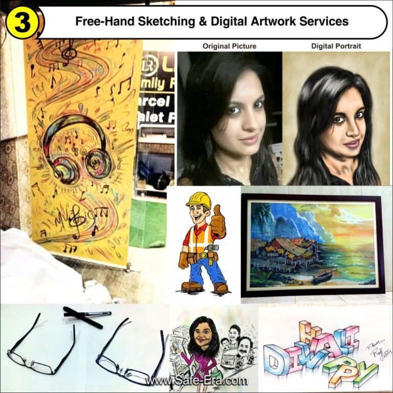 Free-hand artistic sketches, digital portrait paintings, custom caricatures, 3D typography, and creative wall art designed by Safe-Era.