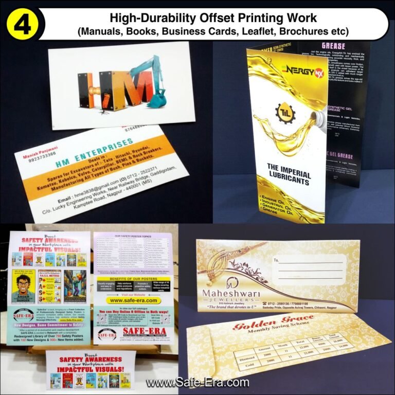 High-durability offset printed business cards, tri-fold product brochures, safety catalogues, and custom corporate printed envelopes by Safe-Era.
