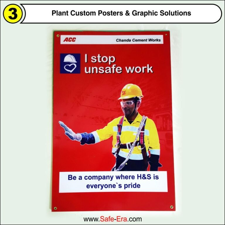 Customized industrial health and safety poster designed by Safe-Era for ACC Cement Works showing worker with safety harness.