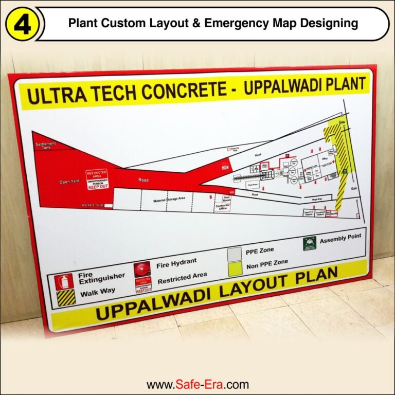 Custom plant layout board and emergency response map designed for UltraTech Concrete Uppalwadi Plant by Safe-Era showing PPE zones and assembly points.