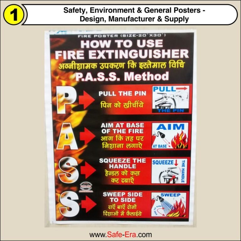 Fire Extinguisher PASS Method Safety Poster by Safe-Era displaying step-by-step instructions in English and Hindi for industrial plant safety.
