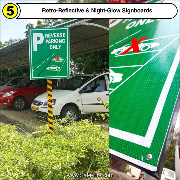 High-visibility retro-reflective reverse parking signboard for industrial plants and commercial premises manufactured by Safe-Era.