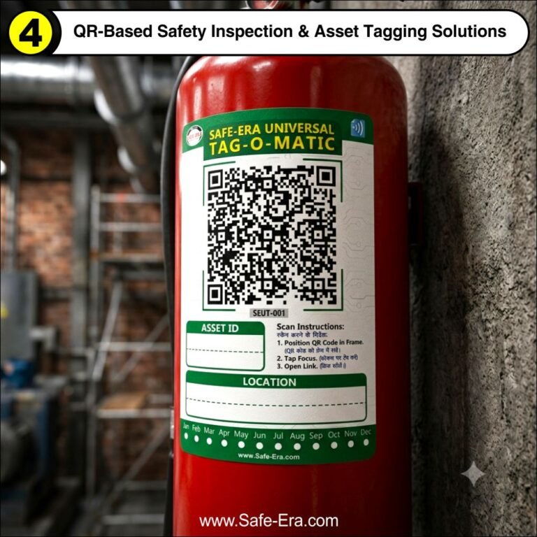 Safe-Era Universal Tag-O-Matic QR code smart asset tagging sticker applied on a fire extinguisher for digital safety inspection and tracking.