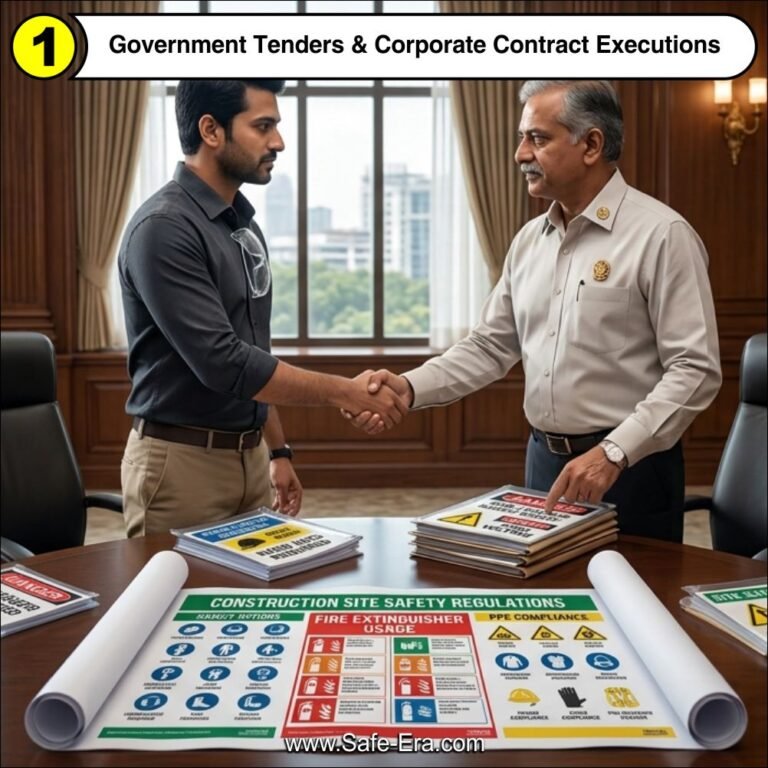 Corporate meeting showcasing government tender executions, contract discussions, and construction site safety regulation posters by Safe-Era.