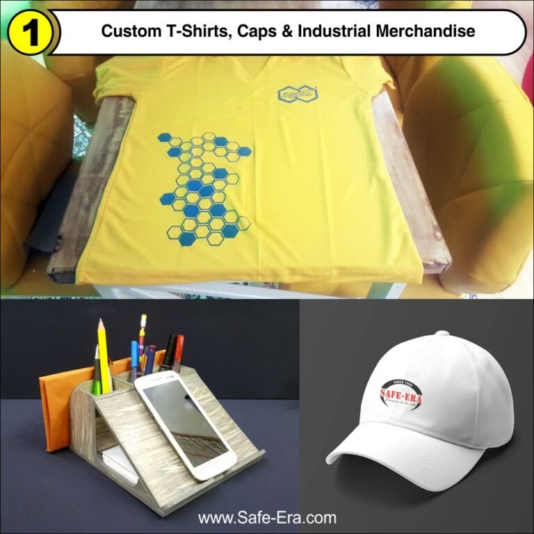 Custom printed branded t-shirt, industrial safety promotional cap, and desk organizer crafted by Safe-Era.