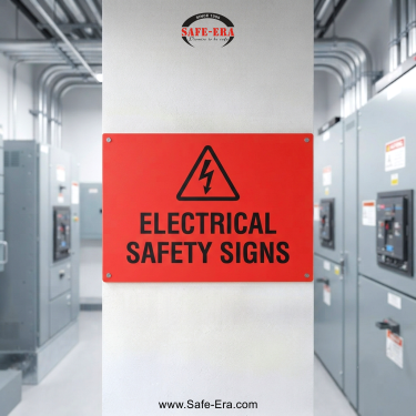 Safe-Era Electrical Safety Signs category link. Red signboard with a high voltage warning symbol in an electrical panel room.