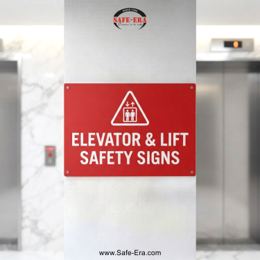 Safe-Era Elevator & Lift Safety Signs category link. Red signboard displaying elevator symbols placed between two lift doors.