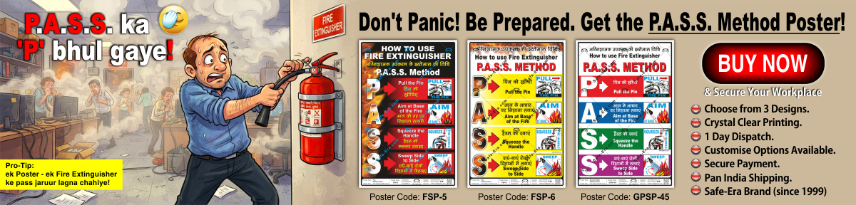 Safety banner showing P.A.S.S. method for fire extinguishers with humorous illustration, Safe-Era safety posters.