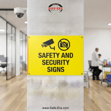 Safe-Era Safety and Security Signs category link. Yellow signboard with CCTV and no-photography symbols in a corporate office.