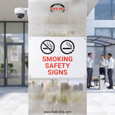 Safe-Era Smoking Safety Signs category link. White signboard displaying no-smoking and designated smoking area symbols in an outdoor space.
