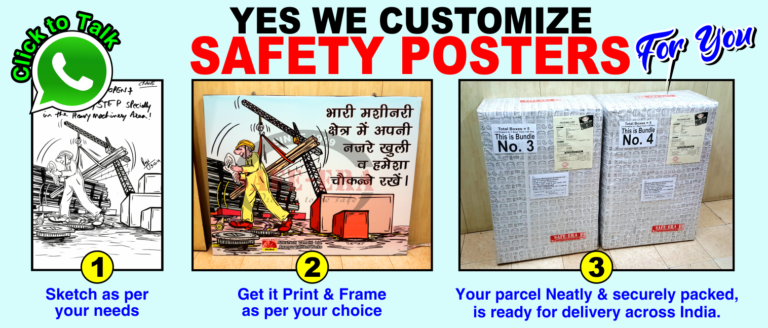 Safe-Era custom safety poster design service showing a 3-step process: sketching, printing/framing, and secure delivery across India.