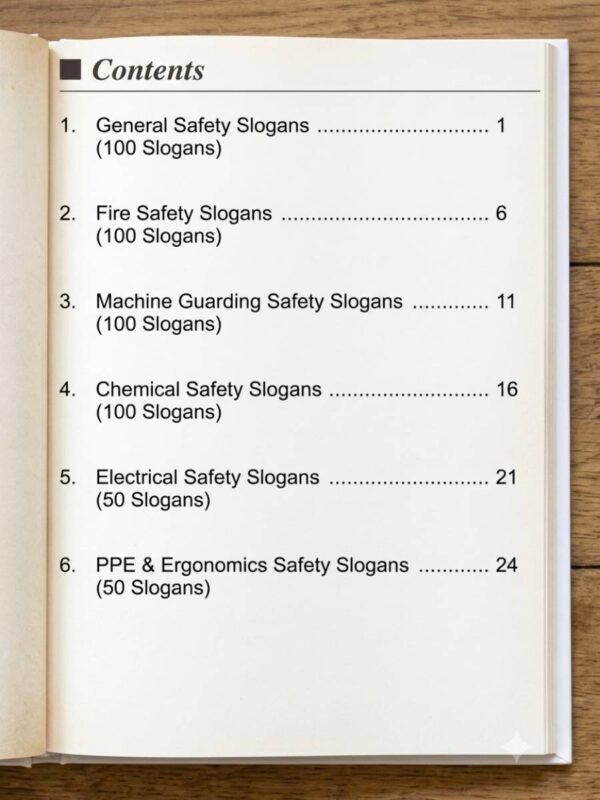 Table of contents index page of Safe-Era 500 Safety Slogans E-Book showing General, Fire, Chemical, Electrical, Machine Guarding and PPE categories