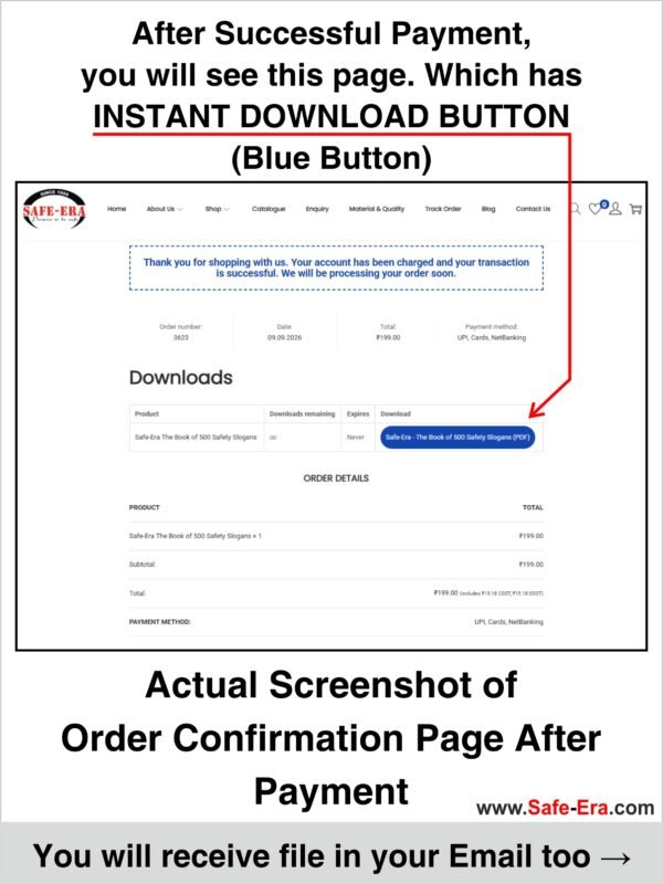 Safe-Era 500 Safety Slogans E-Book instant PDF download link on website order confirmation page after successful payment